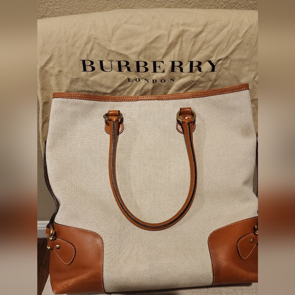 Burberry Canvas Tote with leather trim - Cream w/ brown leather trim